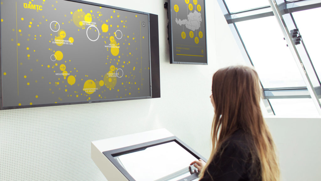child in front of multiple screens showing real time data